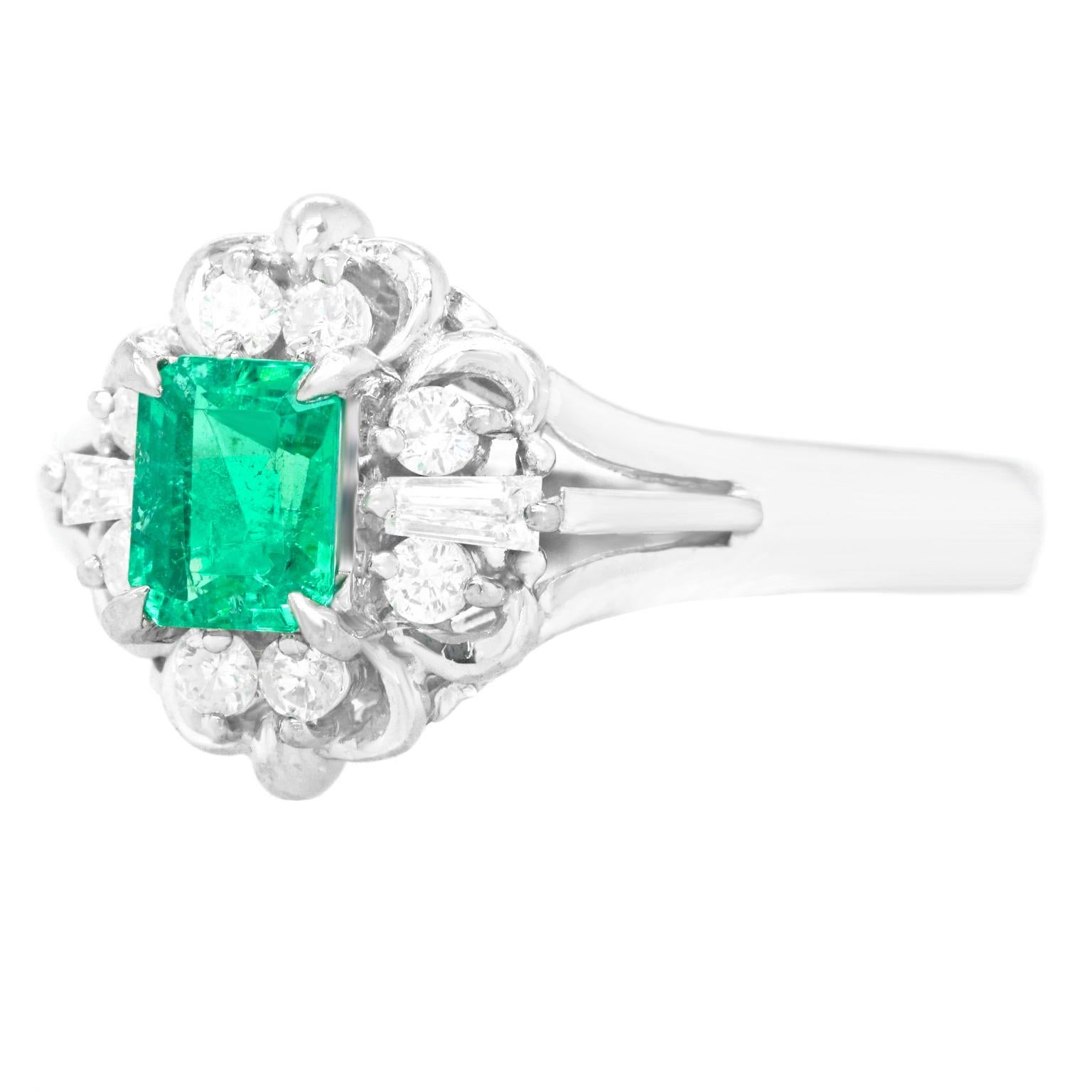 Emerald Cut Retro 1950s Emerald and Diamond Ring For Sale