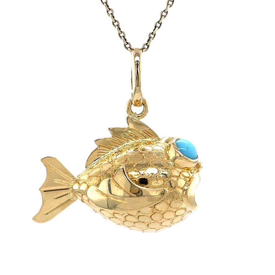 Retro Fish Charm, skurriler Anhänger aus der Mitte des Jahrhunderts, 14K Gelbgold für Damen oder Herren im Angebot