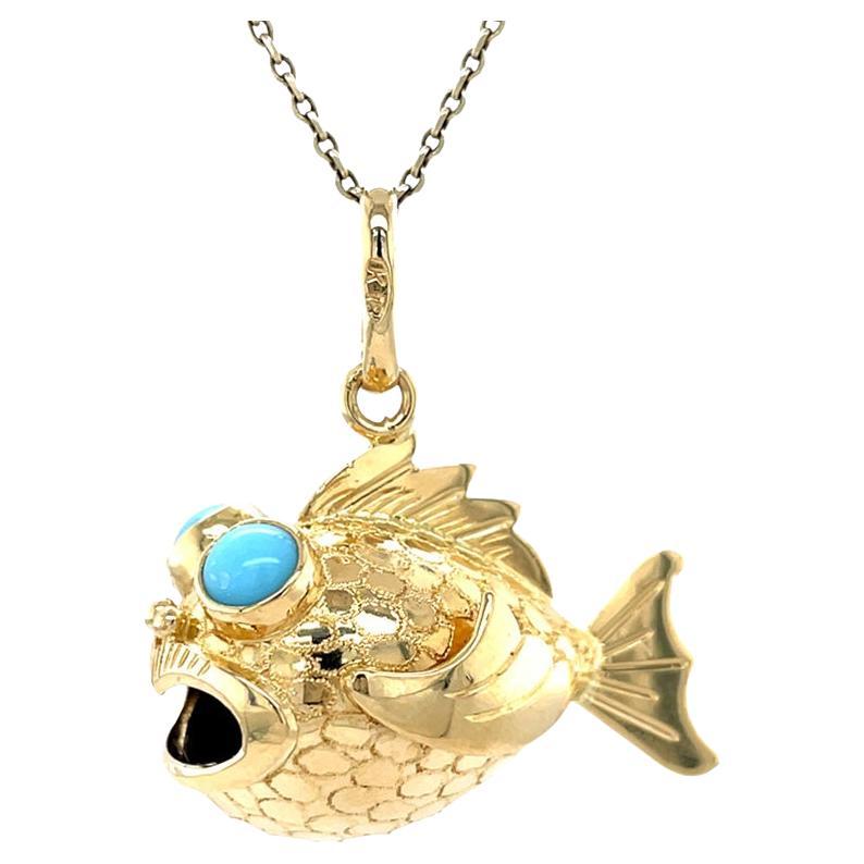 Retro Fish Charm, skurriler Anhänger aus der Mitte des Jahrhunderts, 14K Gelbgold