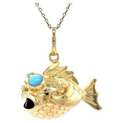 Retro Fish Charm, skurriler Anhänger aus der Mitte des Jahrhunderts, 14K Gelbgold