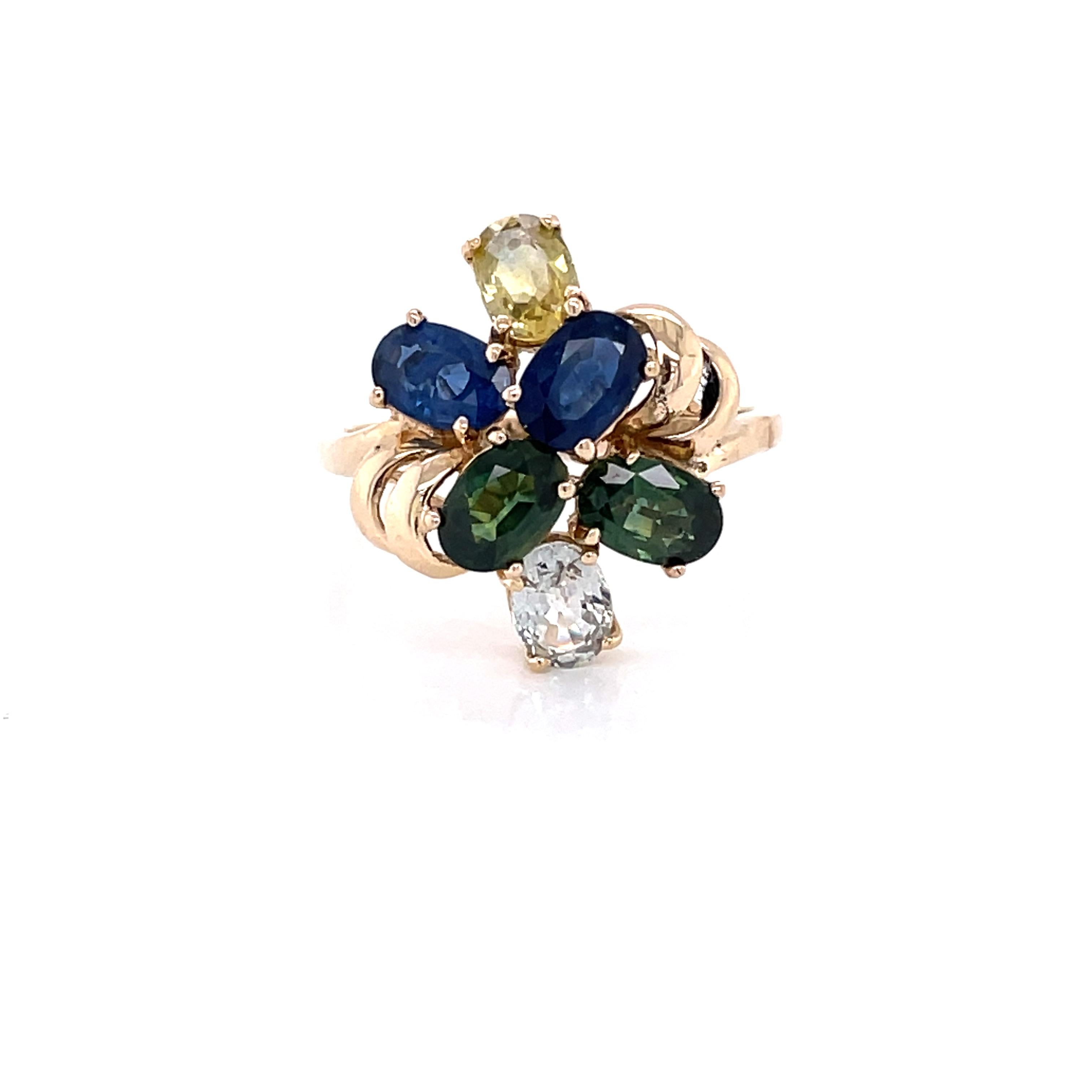 Retro Five Flavors Peridot, Sapphire, Topaz, Citrine, Zircon Cluster Ring For Sale 1