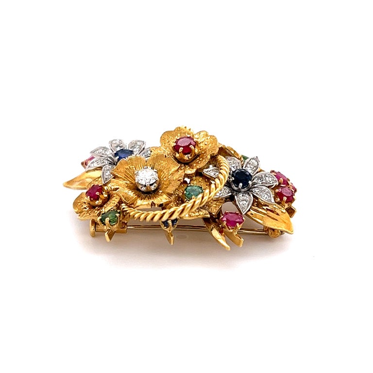 Women's or Men's Retro Floral Bouquet Brooch 18k Yellow Gold Diamond Emerald Ruby & Sapphire For Sale