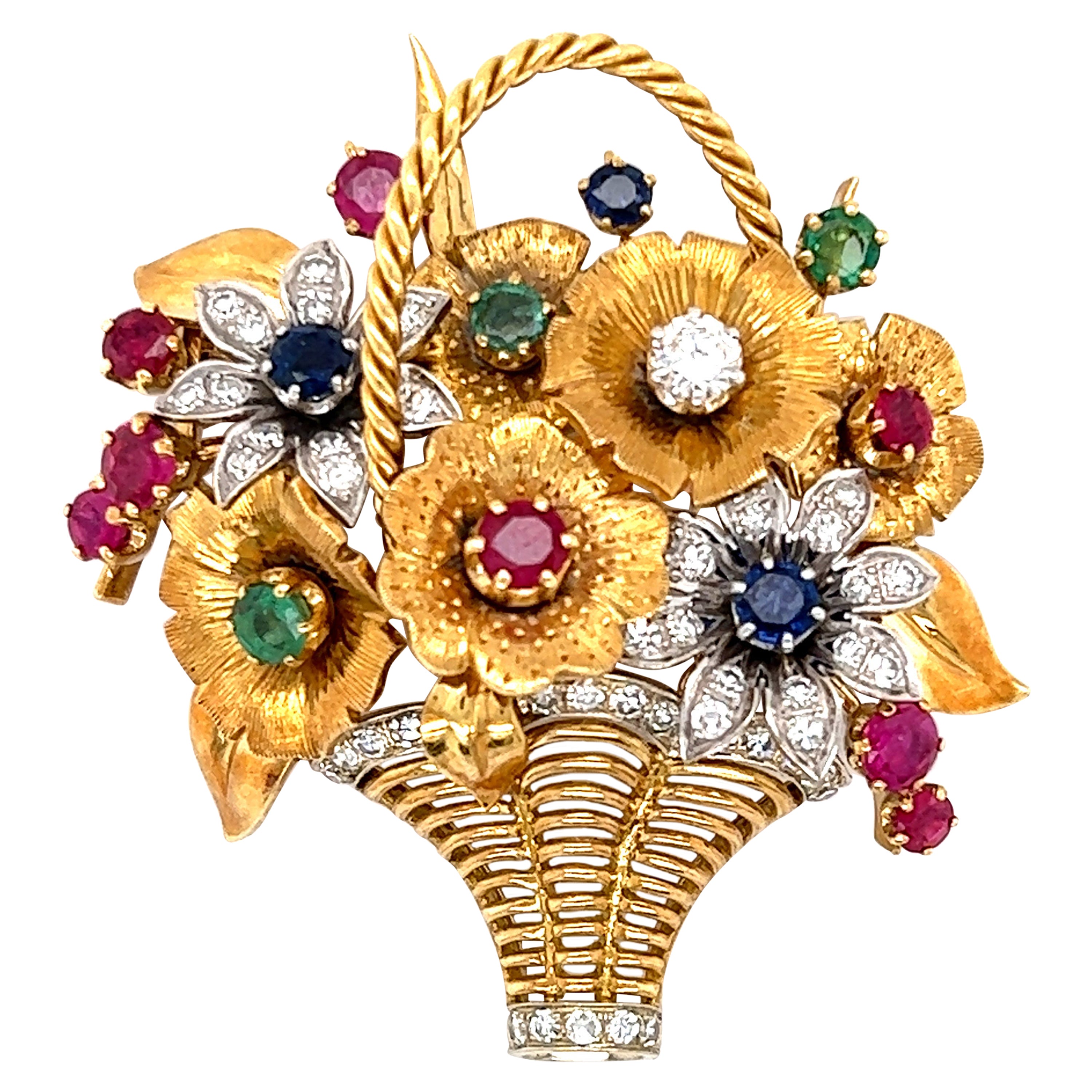Broche rétro Bouquet floral en or jaune 18 carats, diamant, émeraude, rubis et saphir