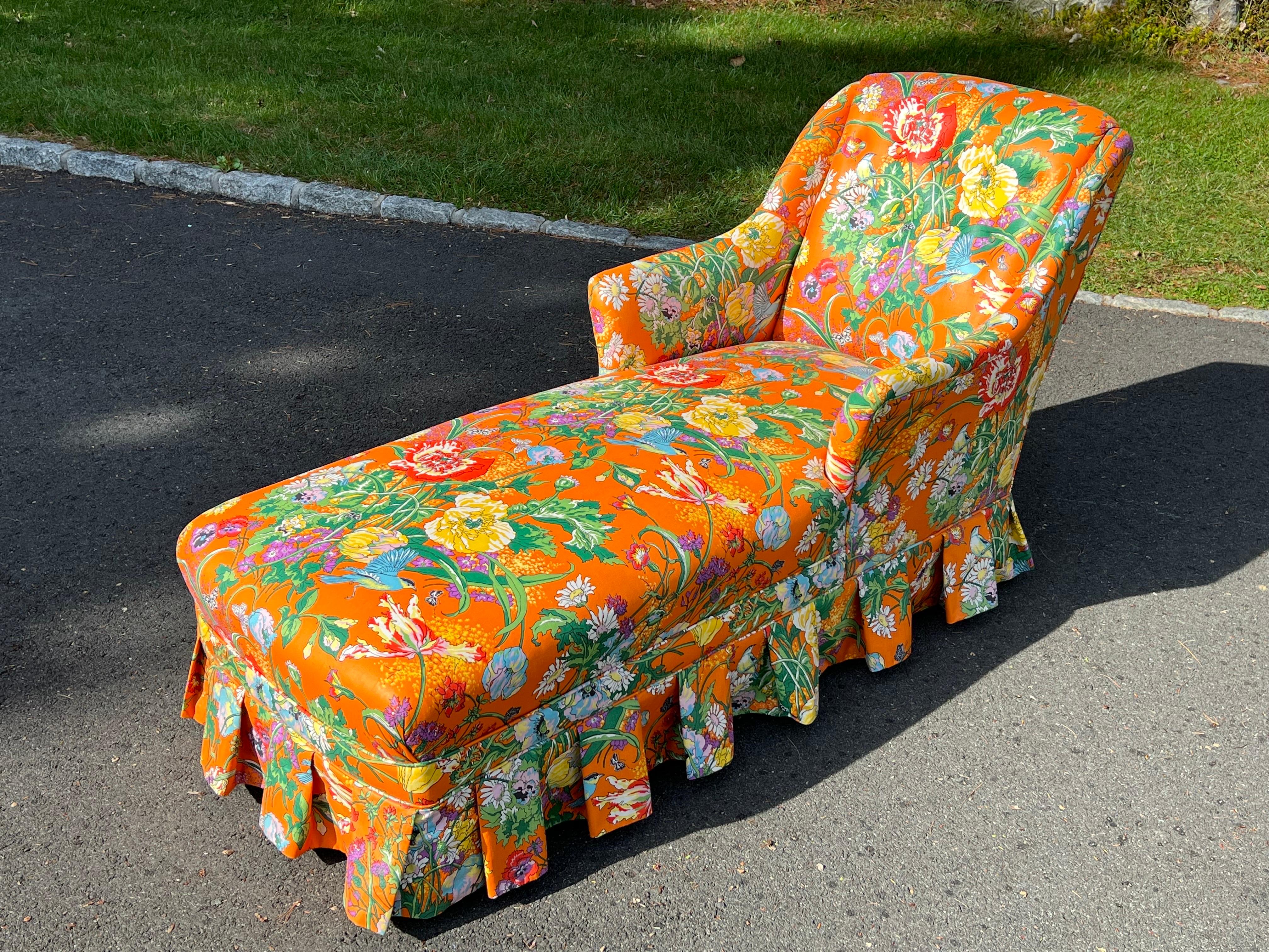Retro Floral Chaise Lounge in Orange For Sale 7