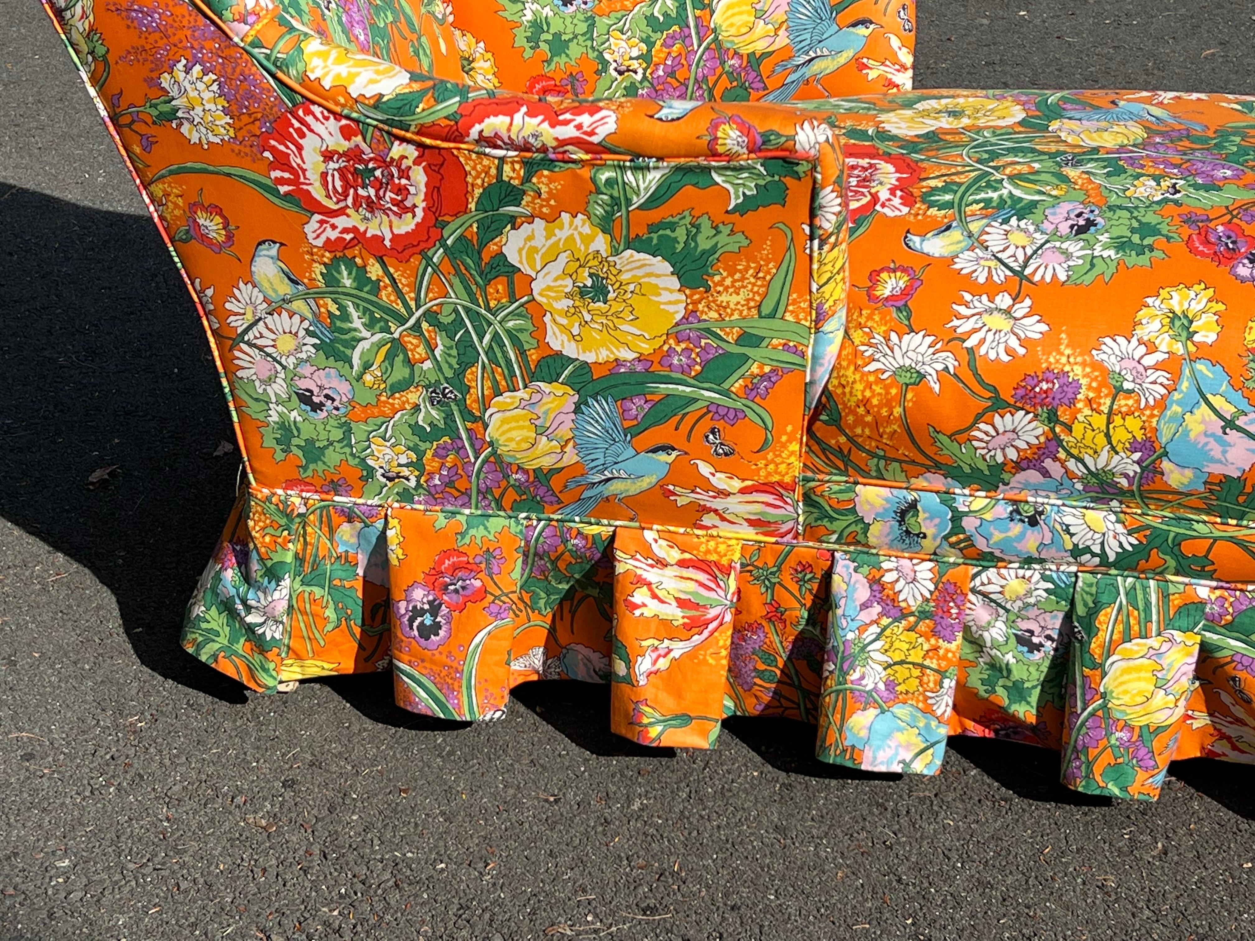 Retro Floral Chaise Lounge in Orange For Sale 13