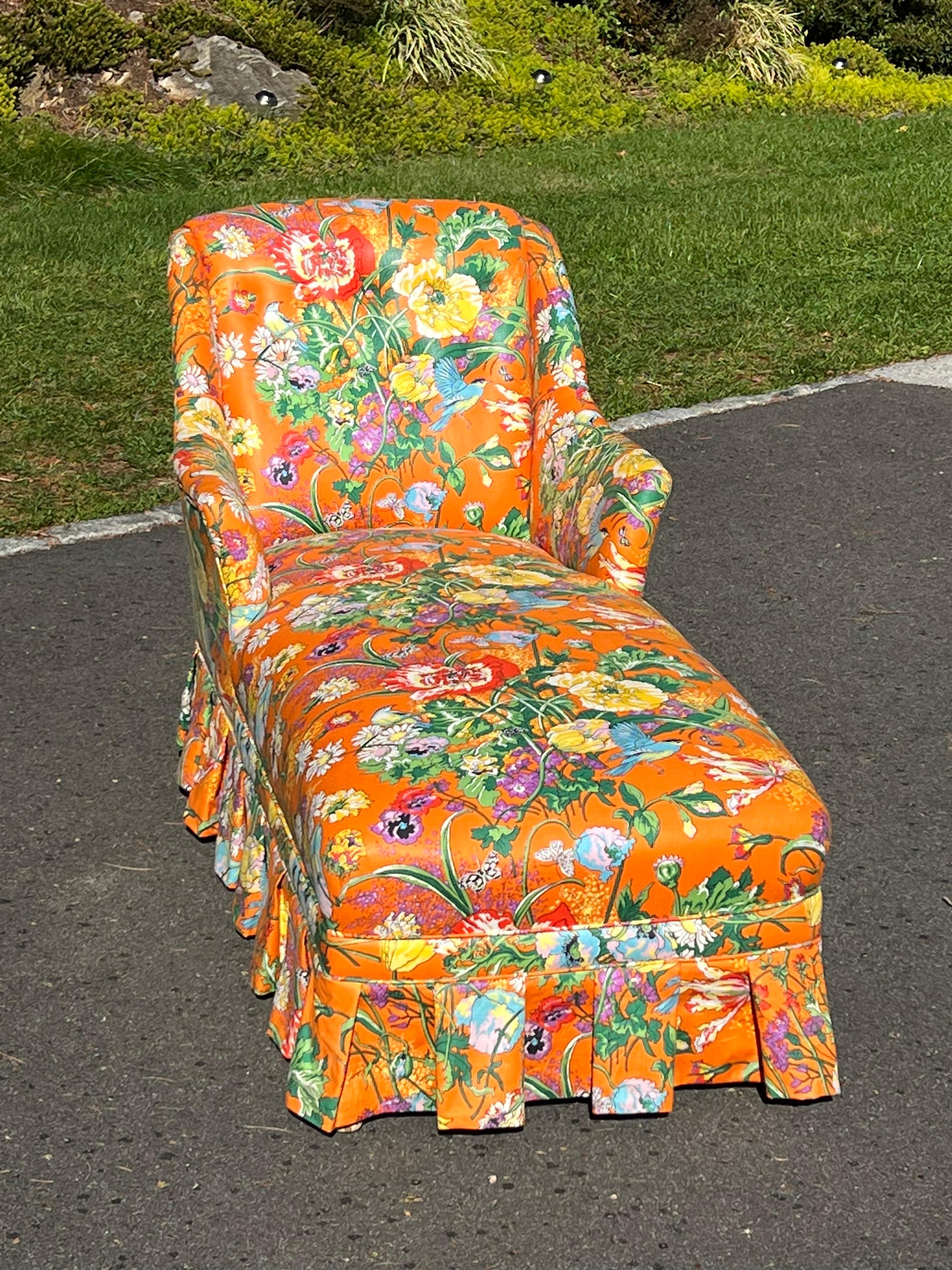 Metal Retro Floral Chaise Lounge in Orange For Sale
