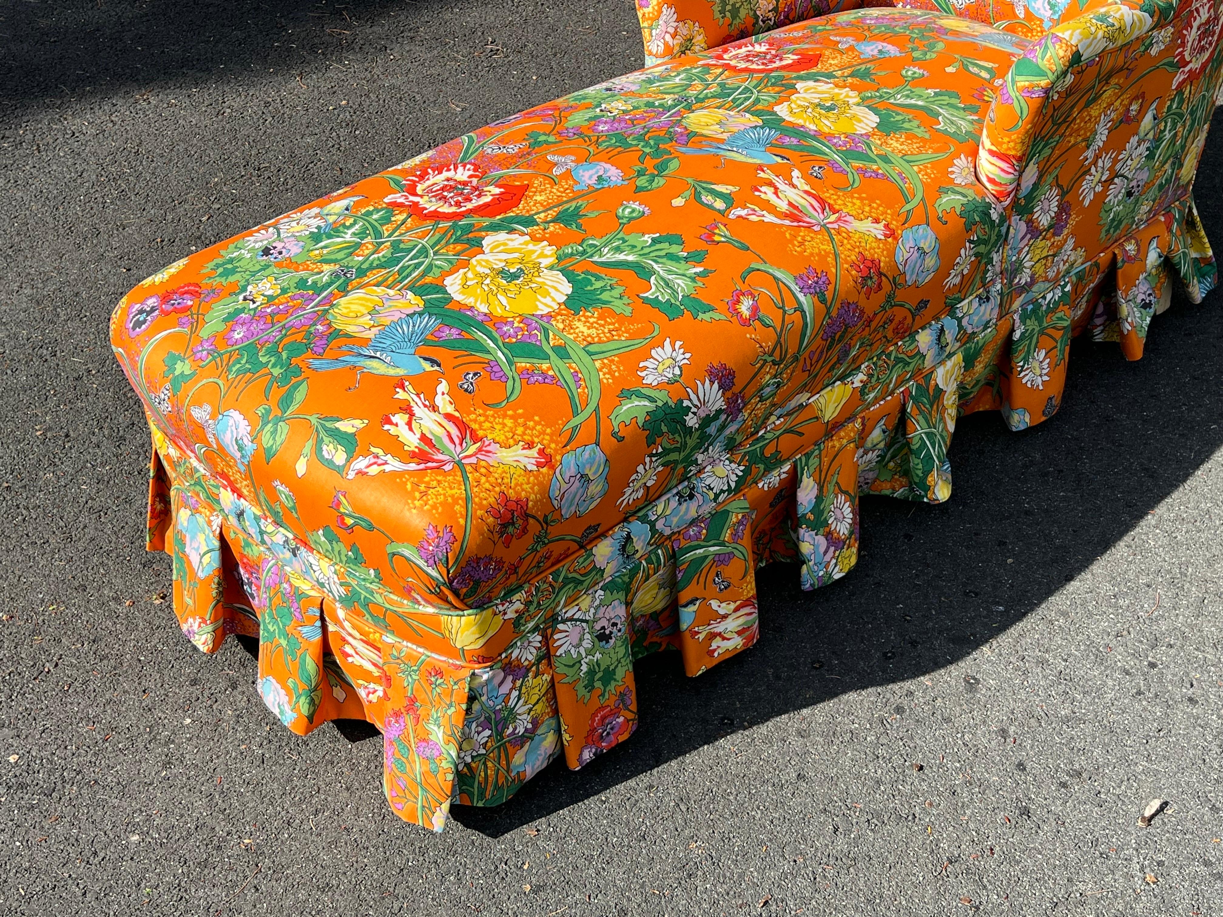 Retro Floral Chaise Lounge in Orange For Sale 2