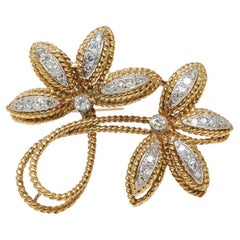 Retro Floral Design Brooch 18k Yellow Gold and Diamonds