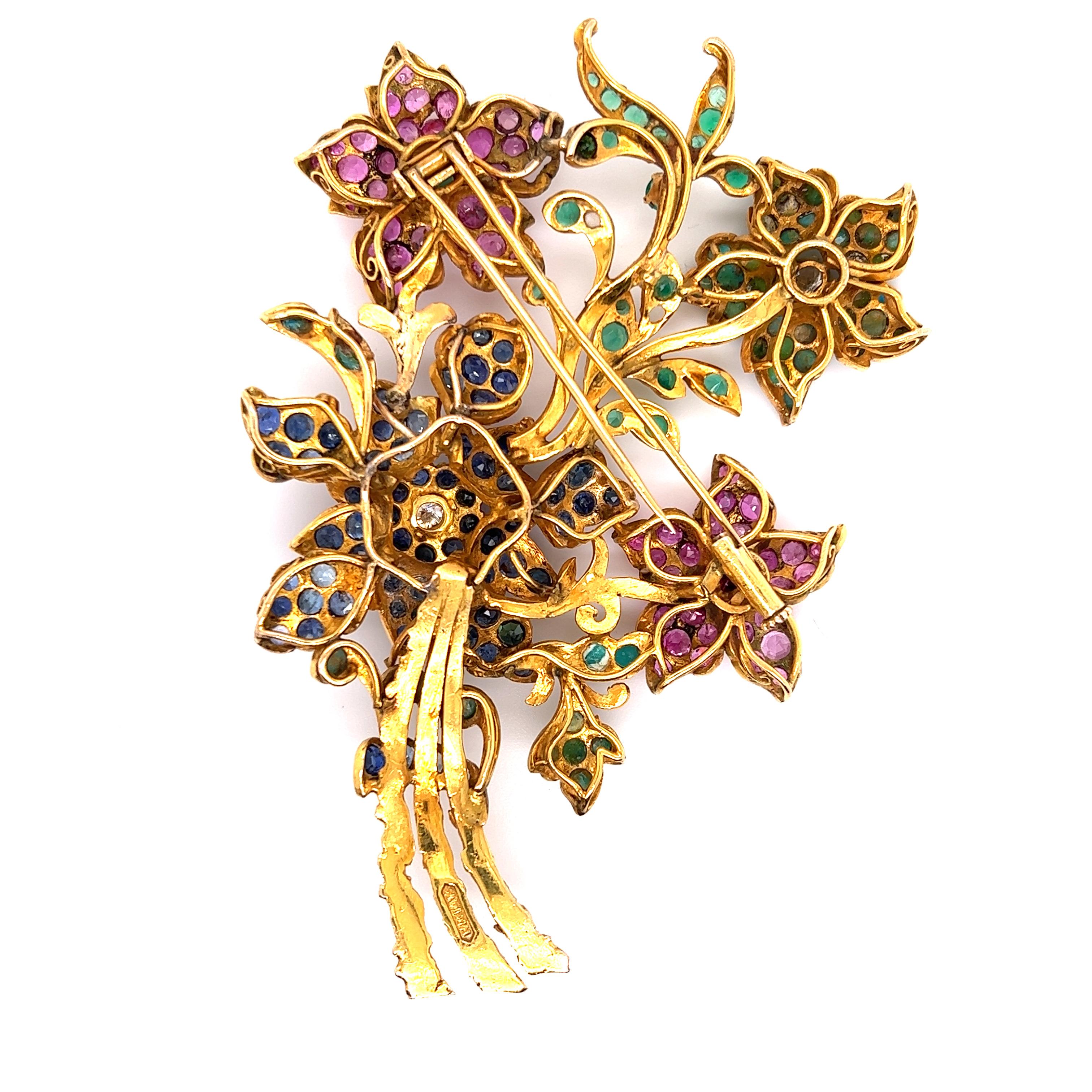 Mixed Cut Retro Floral Gemstone Large Brooch 14k Yellow Gold