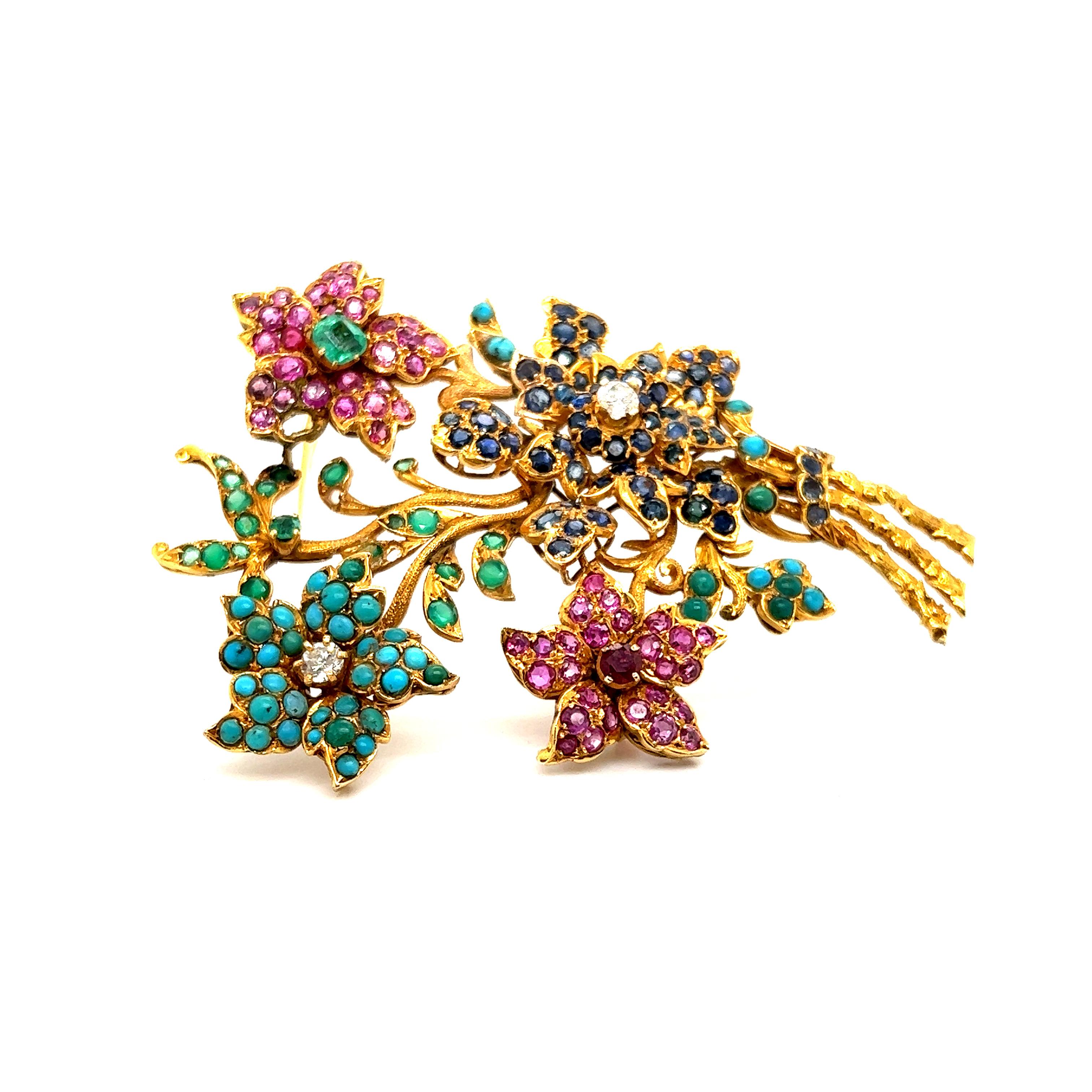 Retro Floral Gemstone Large Brooch 14k Yellow Gold In Good Condition In MIAMI, FL