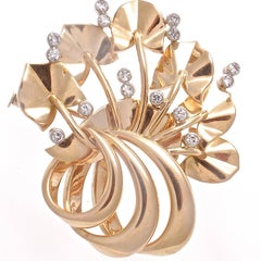 Retro Floral Motif Diamond Gold Platinum Brooch
