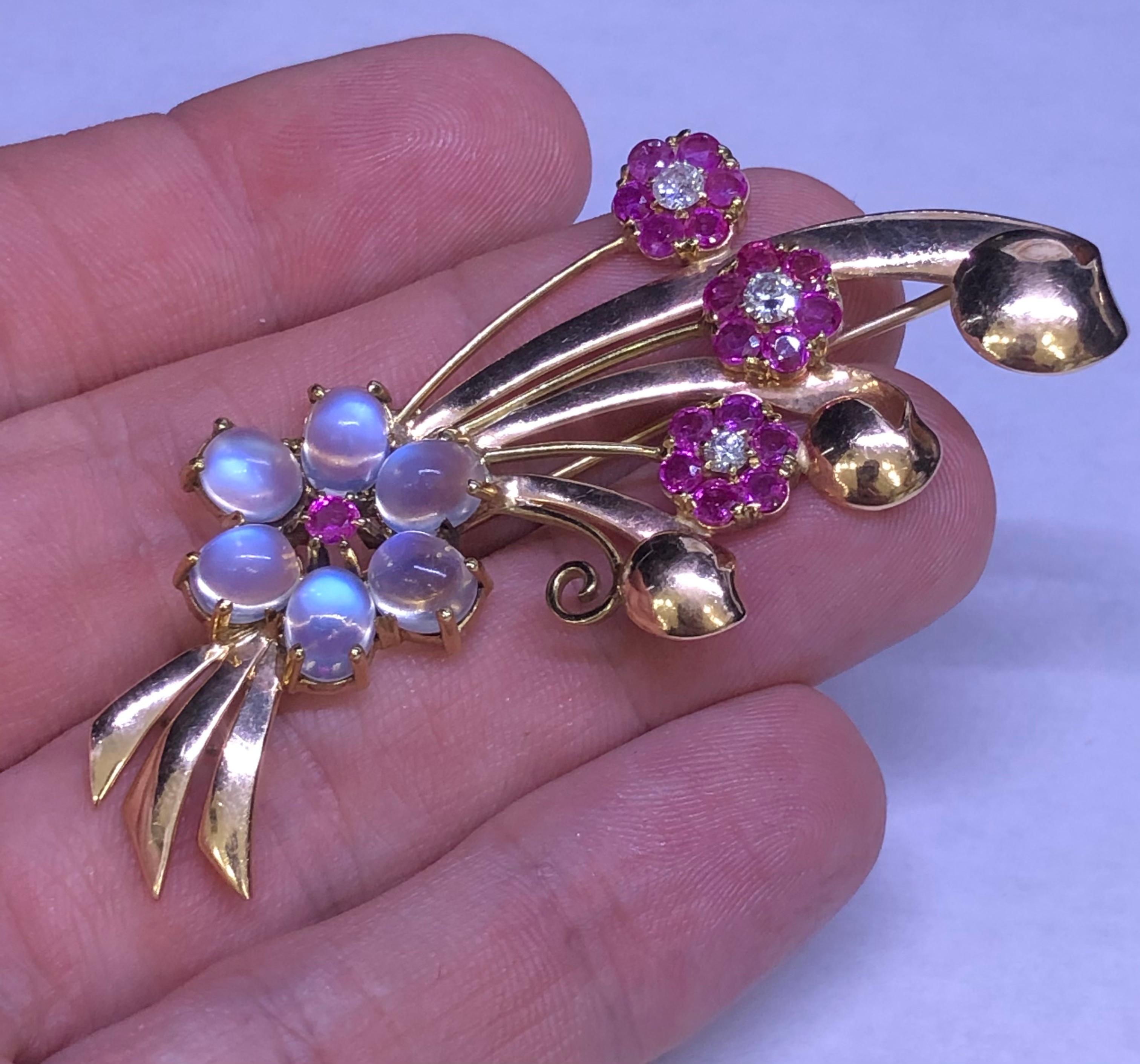 Round Cut Retro Floral Spray Brooch Diamond Ruby & Moonstone Gemstones 14k For Sale