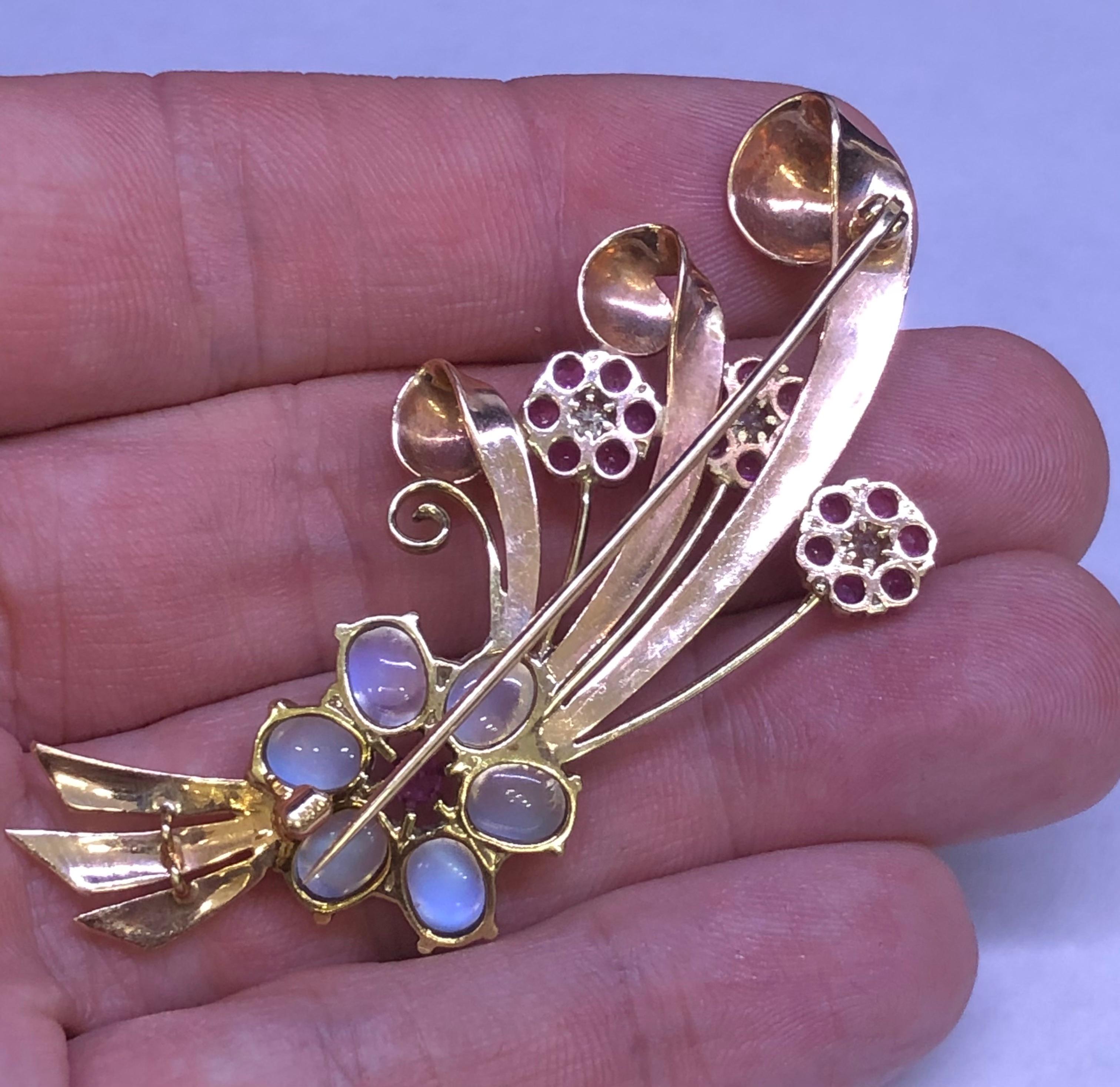 Retro Floral Spray Brooch Diamond Ruby & Moonstone Gemstones 14k In Good Condition For Sale In MIAMI, FL