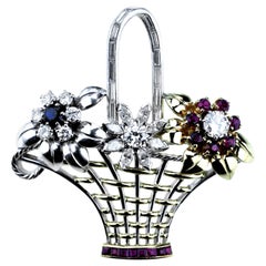 Vintage Flower Basket Brooch Set with Diamond, Ruby and Sapphires in Bimetal 18 K