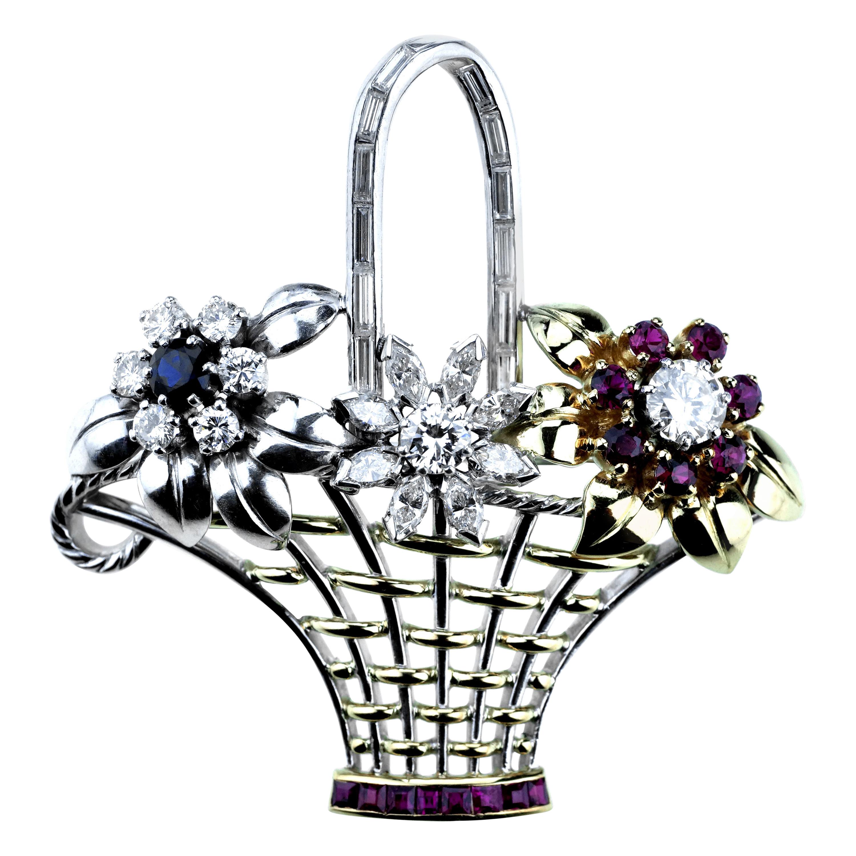 Retro Flower Basket Brooch set with Diamond, Ruby and Sapphires in 18