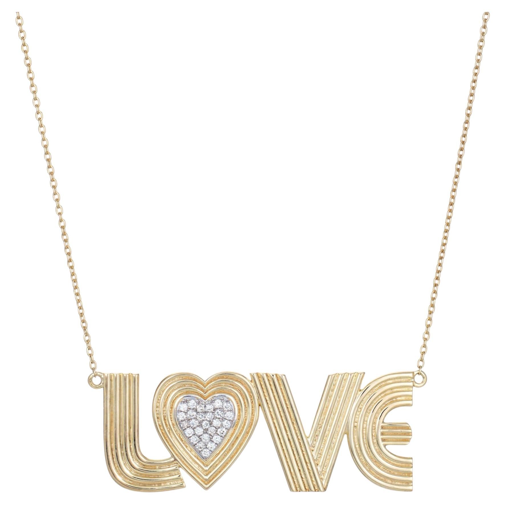 Retro Font Diamond Love Necklace 14k Yellow Gold 17.5 Chain Fine Jewelry