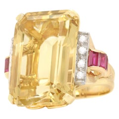 Vintage Forties Citrine and Diamond Set Gold Ring