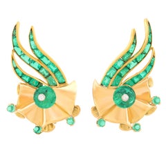 Retro 1940s Emerald Set Gold Earrings