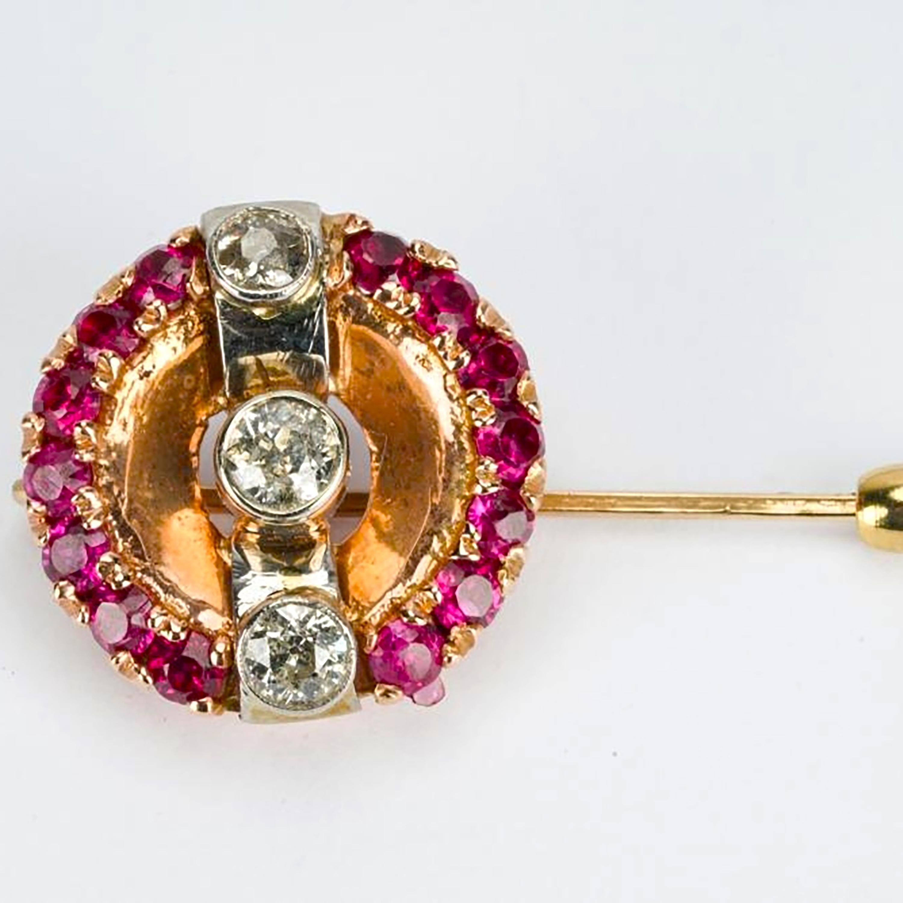 Women's or Men's Retro Tri Color 14 Karat Gold Diamond and Ruby 1.70 Carat 1.80 Inch Brooch 