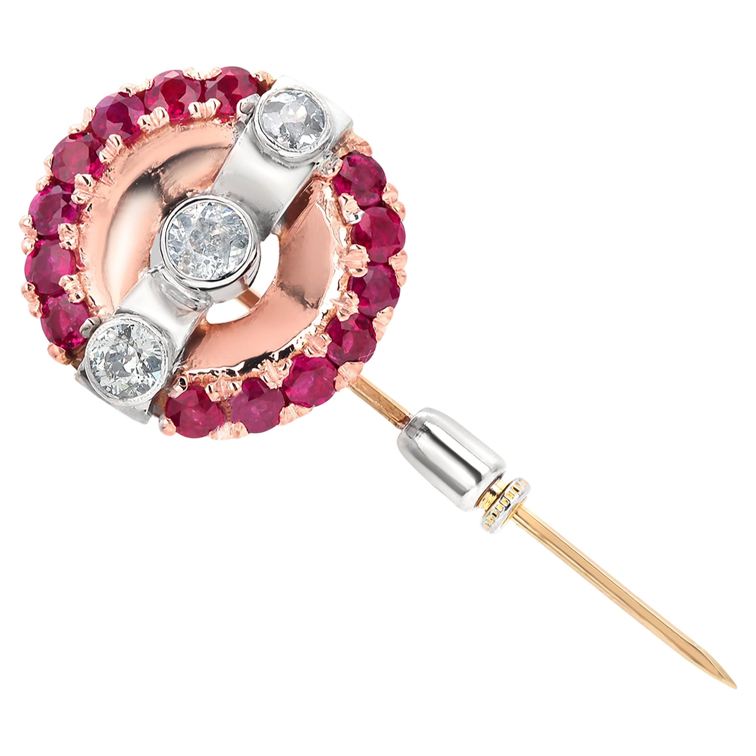 Retro Fourteen Karat Rose, Yellow and White Gold Diamond and Ruby Brooch Pin 