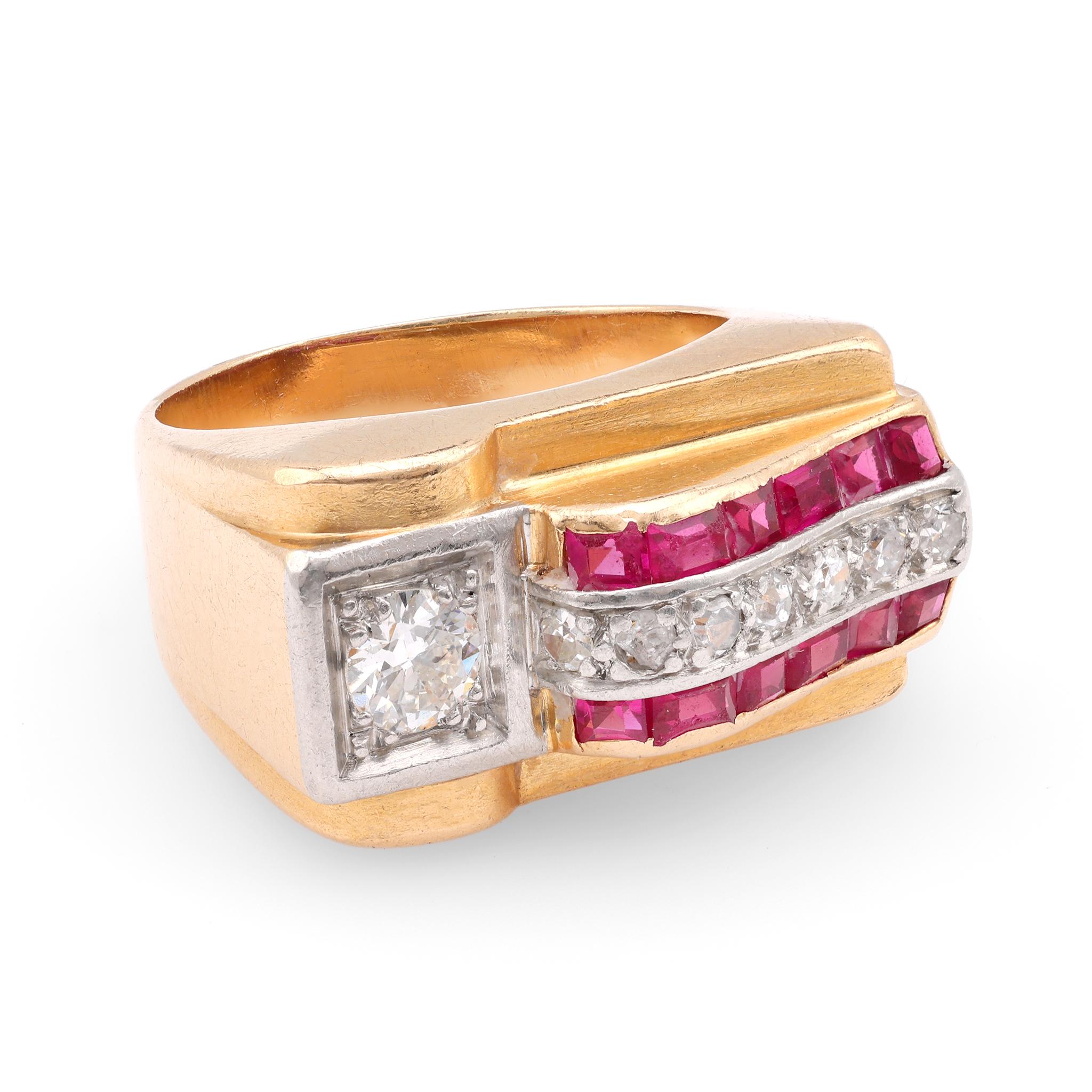 Französischer Retro-Tankring aus 18 Karat Gelbgold mit 0,25 Karat alteuropäischem Diamant und Rubin (Alteuropäischer Schliff)
