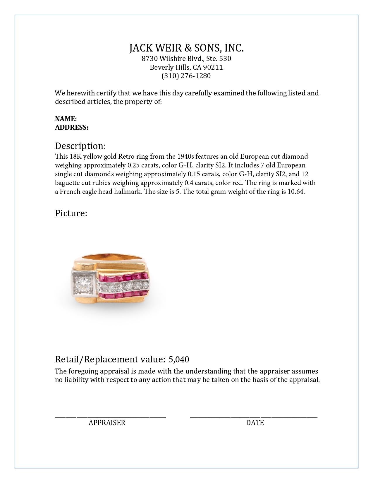 Französischer Retro-Tankring aus 18 Karat Gelbgold mit 0,25 Karat alteuropäischem Diamant und Rubin im Zustand „Hervorragend“ in Beverly Hills, CA