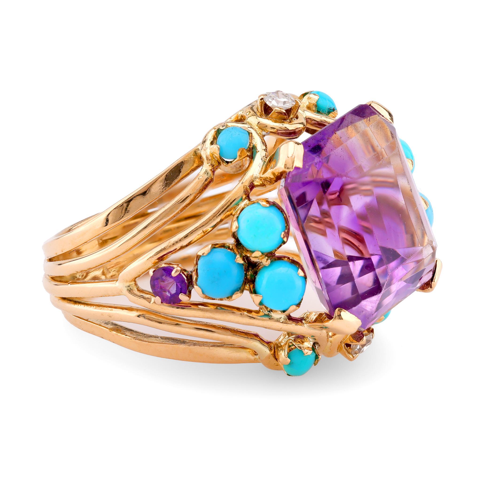 Emerald Cut Retro French 11 Carat Amethyst Turquoise Diamond 18K Yellow Gold Cocktail Ring For Sale