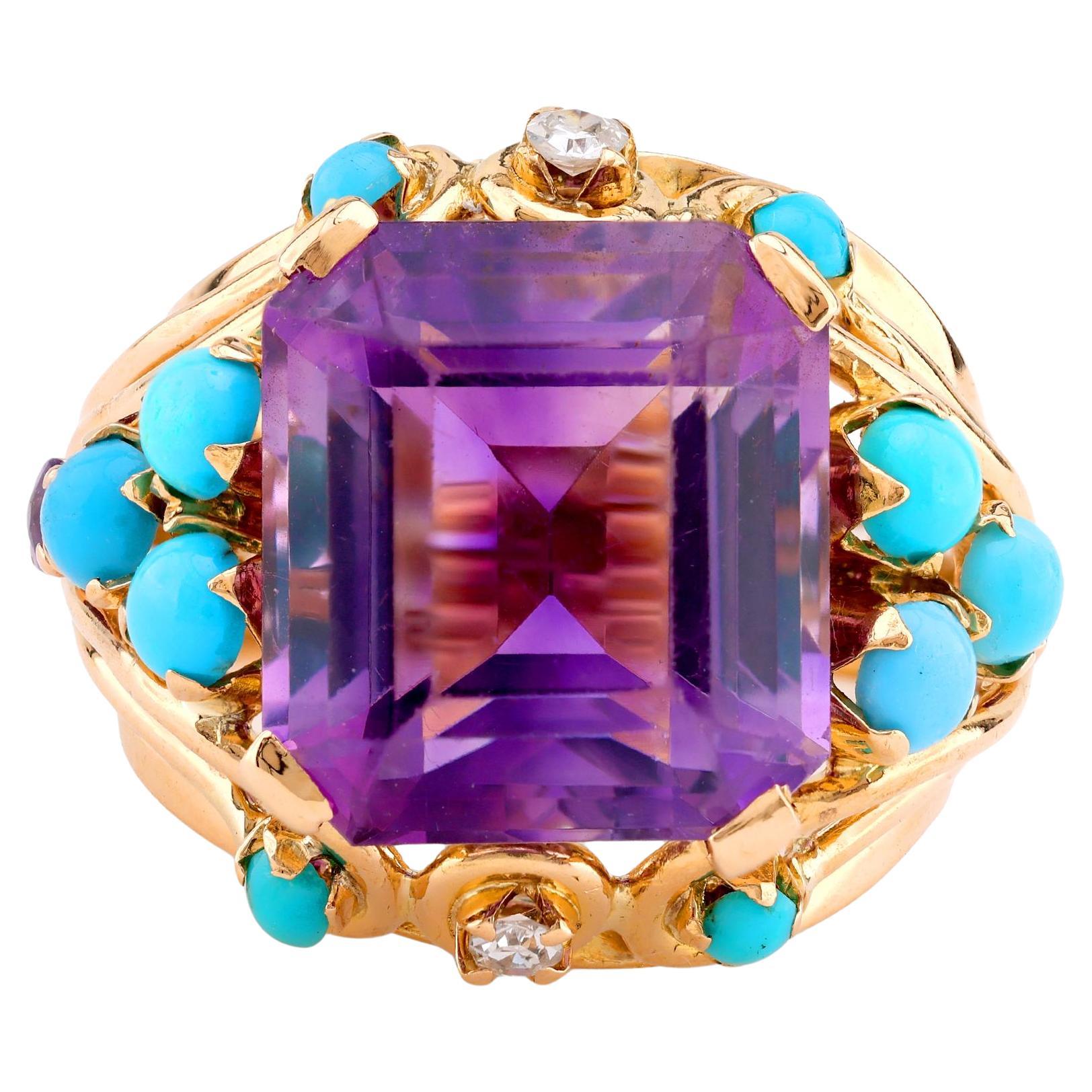 Retro French 11 Carat Amethyst Turquoise Diamond 18K Yellow Gold Cocktail Ring