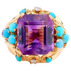 Retro French 11 Carat Amethyst Turquoise Diamond 18K Yellow Gold Cocktail Ring