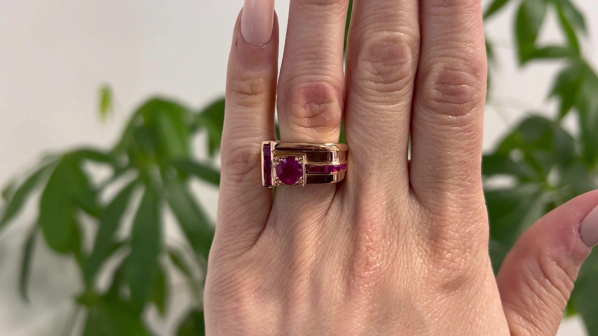 Mixed Cut Retro French 1.33 Carats Ruby 18 Karat Rose Gold Platinum Tank Ring
