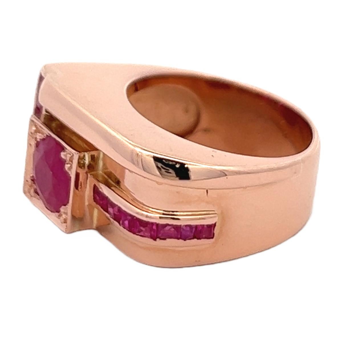 Women's or Men's Retro French 1.33 Carats Ruby 18 Karat Rose Gold Platinum Tank Ring