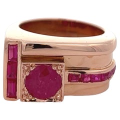 Retro French 1.33 Carats Ruby 18 Karat Rose Gold Platinum Tank Ring