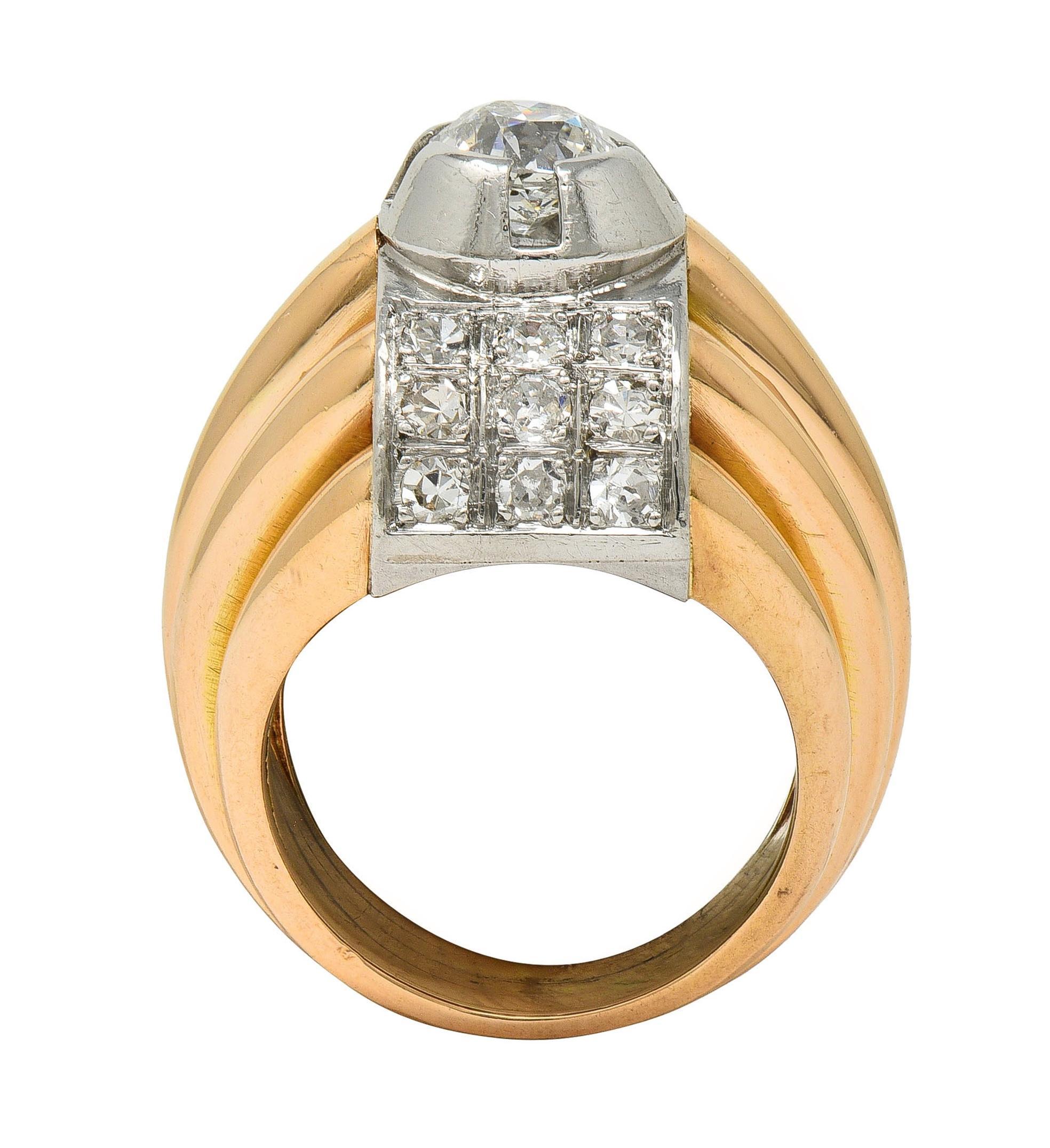 da uomo o donna Anello francese retrò con diamante 1,65 CTW in platino e oro 18 carati con cupola vintage in vendita