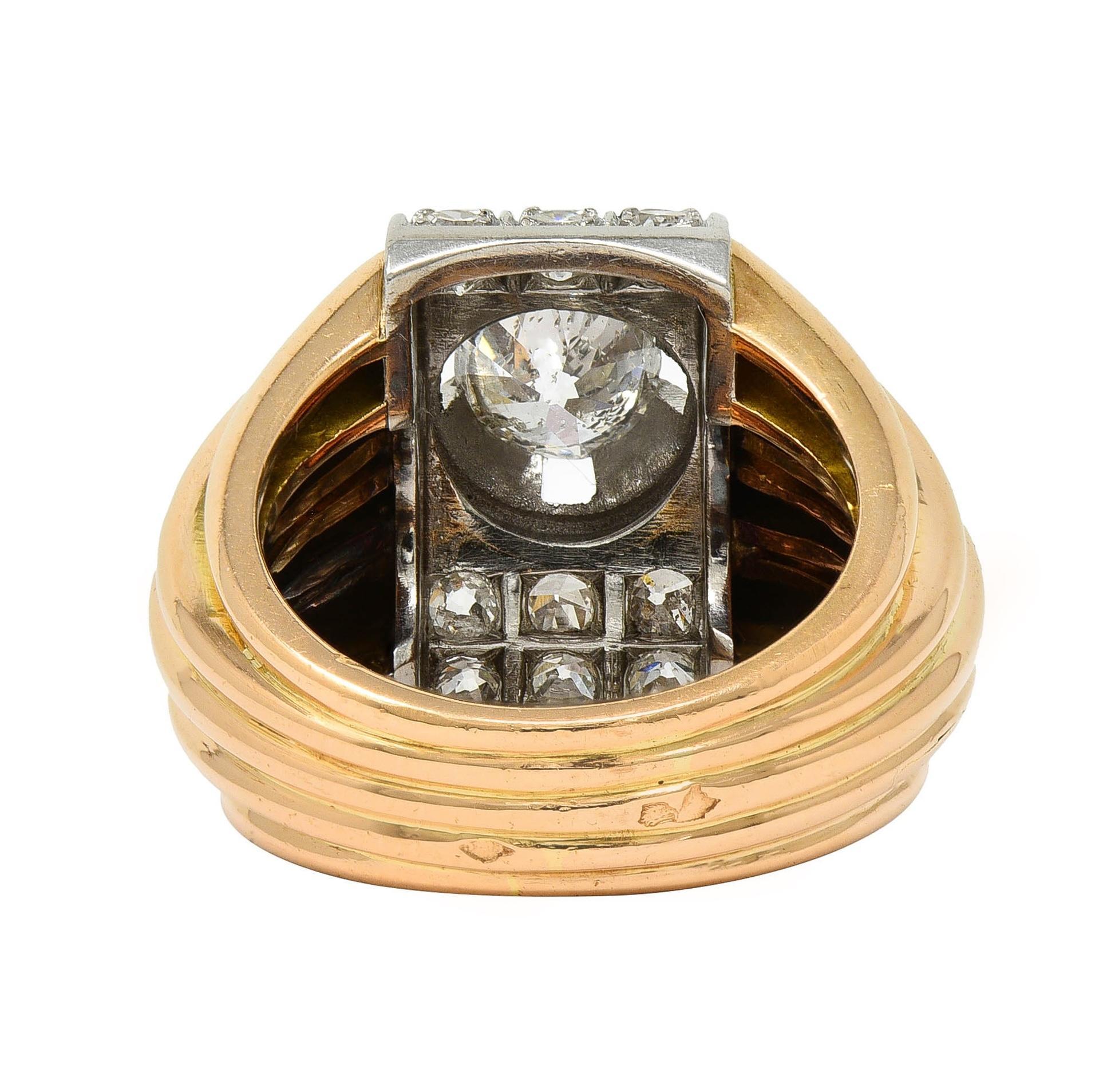 Anello francese retrò con diamante 1,65 CTW in platino e oro 18 carati con cupola vintage in vendita 1