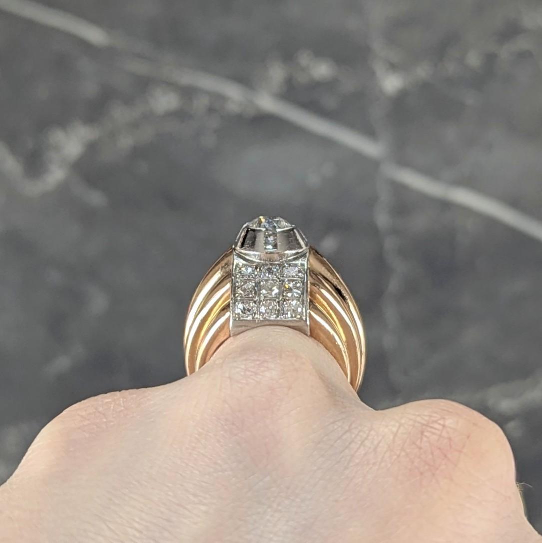 Anello francese retrò con diamante 1,65 CTW in platino e oro 18 carati con cupola vintage in vendita 4