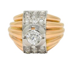 Retro Französischer 1,65 Karat Diamant Platin 18K Gold Vintage gewölbter Gadroon-Ring, Vintage