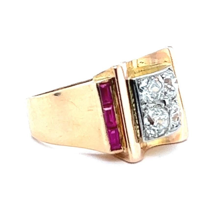 Retro French 1.70 Carats Old European Cut Diamonds Ruby 18 Karat Gold Tank Ring 1