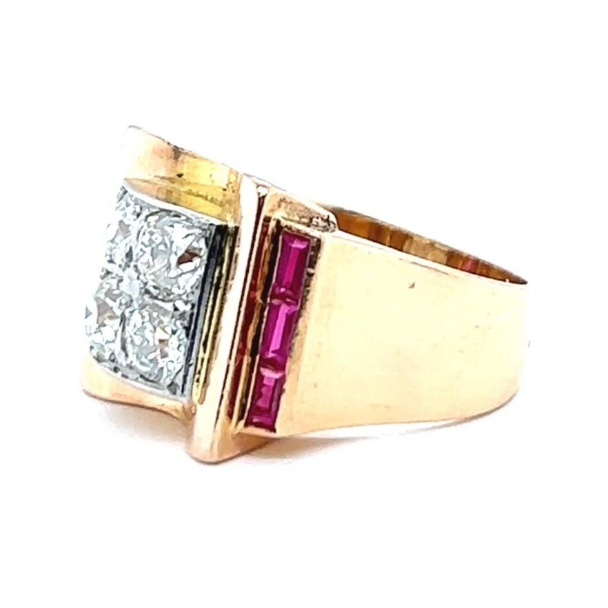 Retro French 1.70 Carats Old European Cut Diamonds Ruby 18 Karat Gold Tank Ring 2