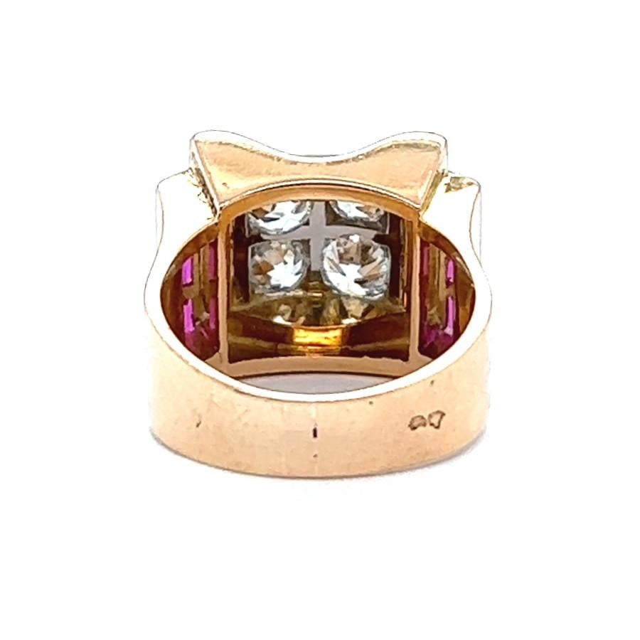 Retro French 1.70 Carats Old European Cut Diamonds Ruby 18 Karat Gold Tank Ring 3
