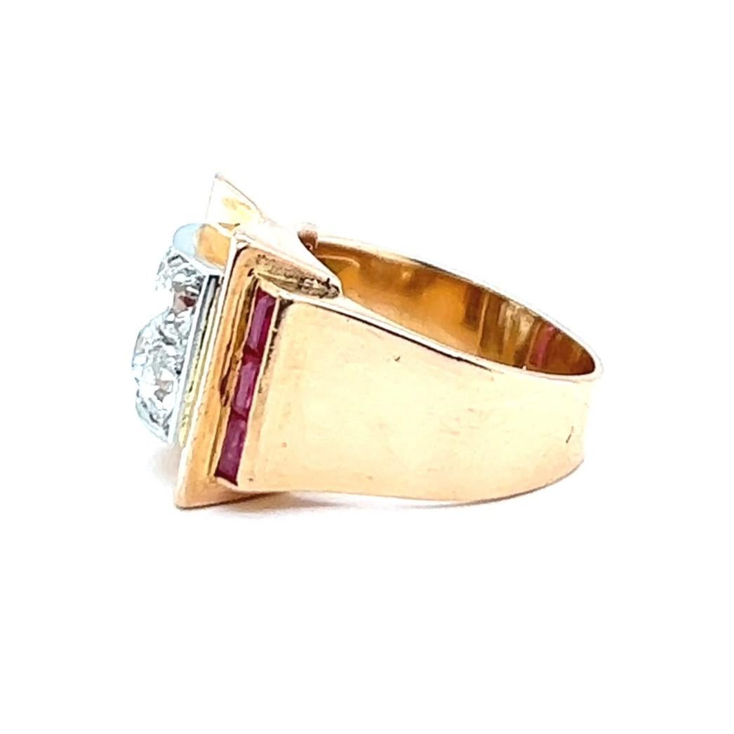 Retro French 1.70 Carats Old European Cut Diamonds Ruby 18 Karat Gold Tank Ring 4