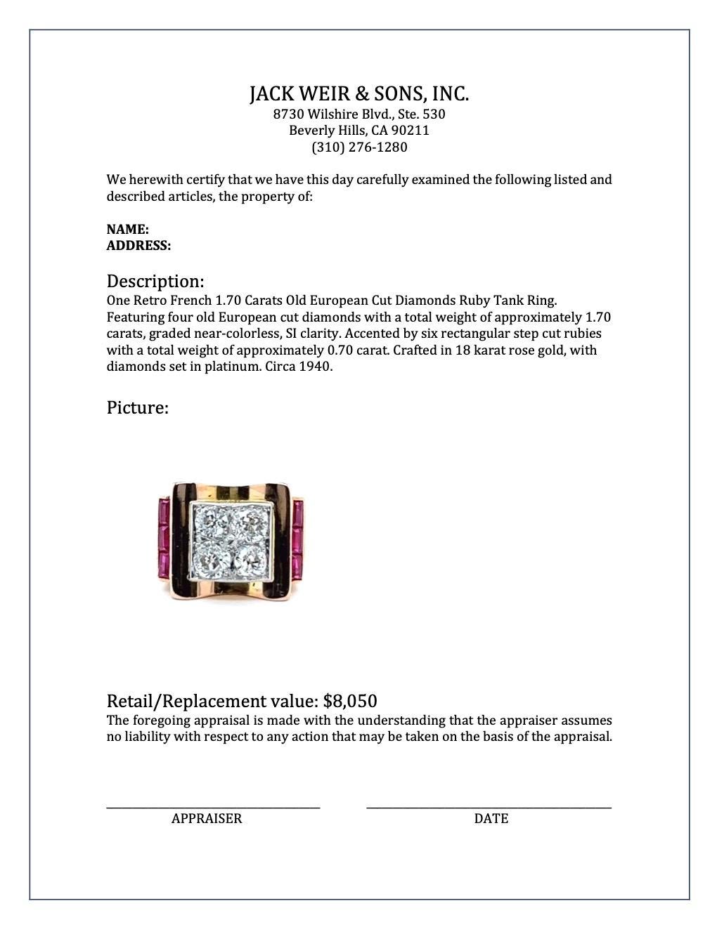 Retro French 1.70 Carats Old European Cut Diamonds Ruby 18 Karat Gold Tank Ring 5