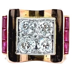 Retro French 1.70 Carats Old European Cut Diamonds Ruby Tank Ring