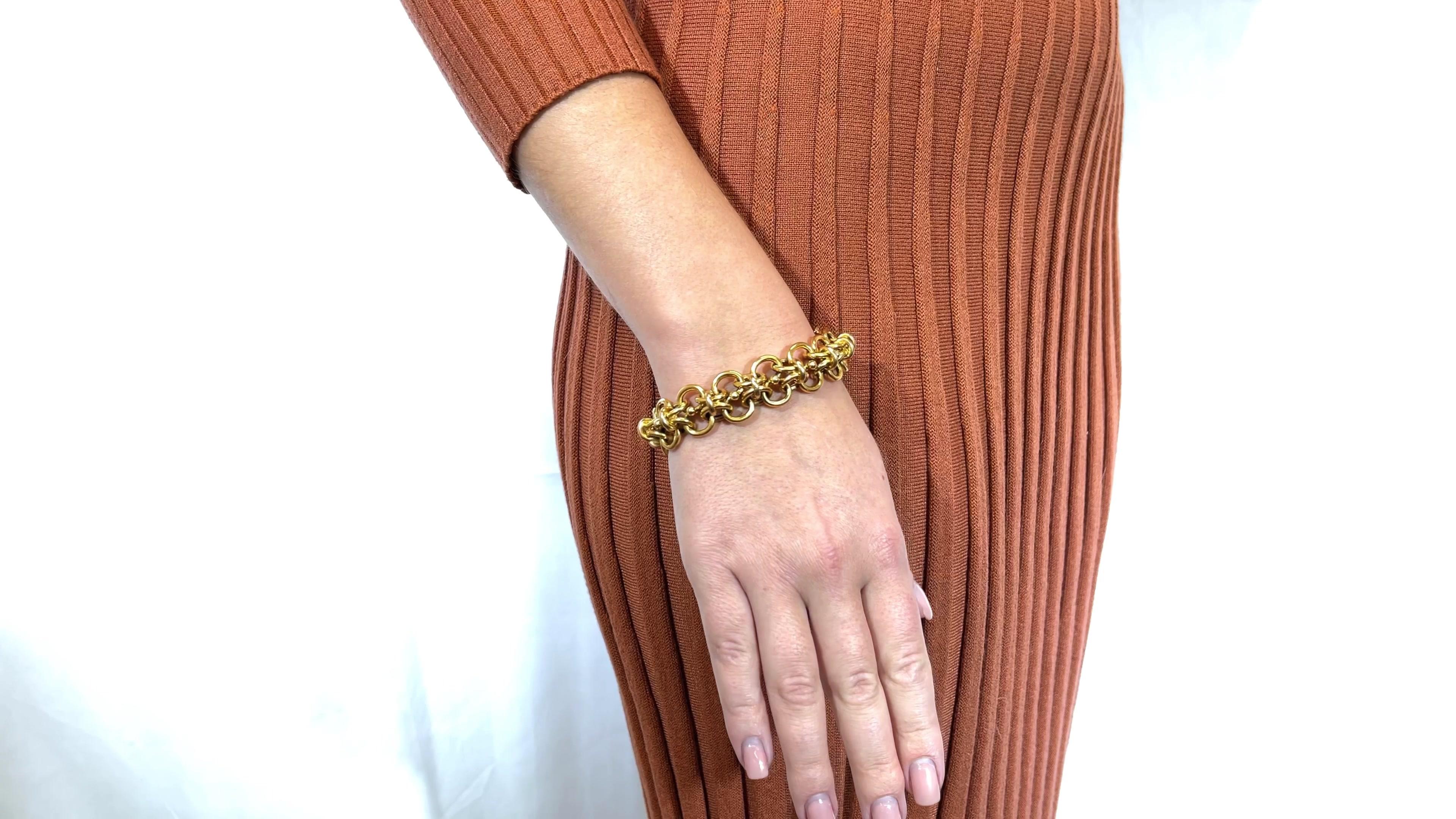 One Retro French 18k Gold Bracelet. Crafted in 18 karat yellow gold, weighing 39.77 grams, with French hallmarks and maker's mark. Circa 1940s. The bracelet is 7 1/2 inches. 

About The Piece: Own a historical piece of luxury. Bold solid gold links