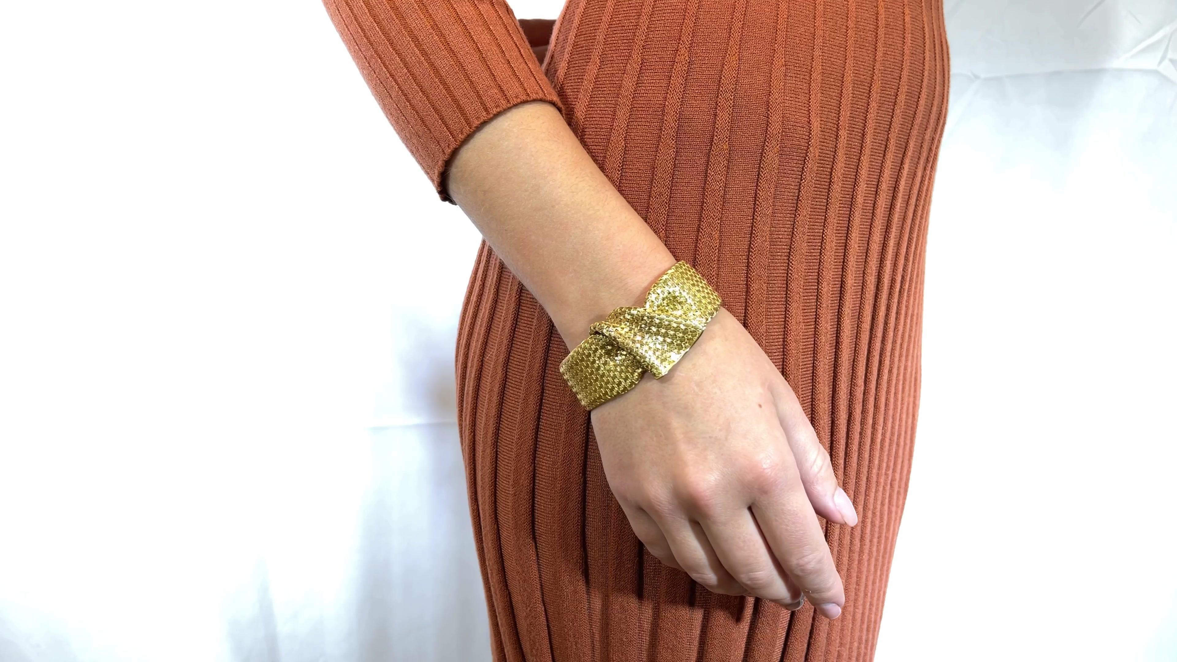 One Retro French 18k Gold Bracelet. Crafted in 18 karat yellow gold with French hallmarks and maker's mark, weighing 58 grams and measuring 7 1/2 inches in length. Circa 1940s. 

About The Piece: This bracelet is sophisticated and classic. It