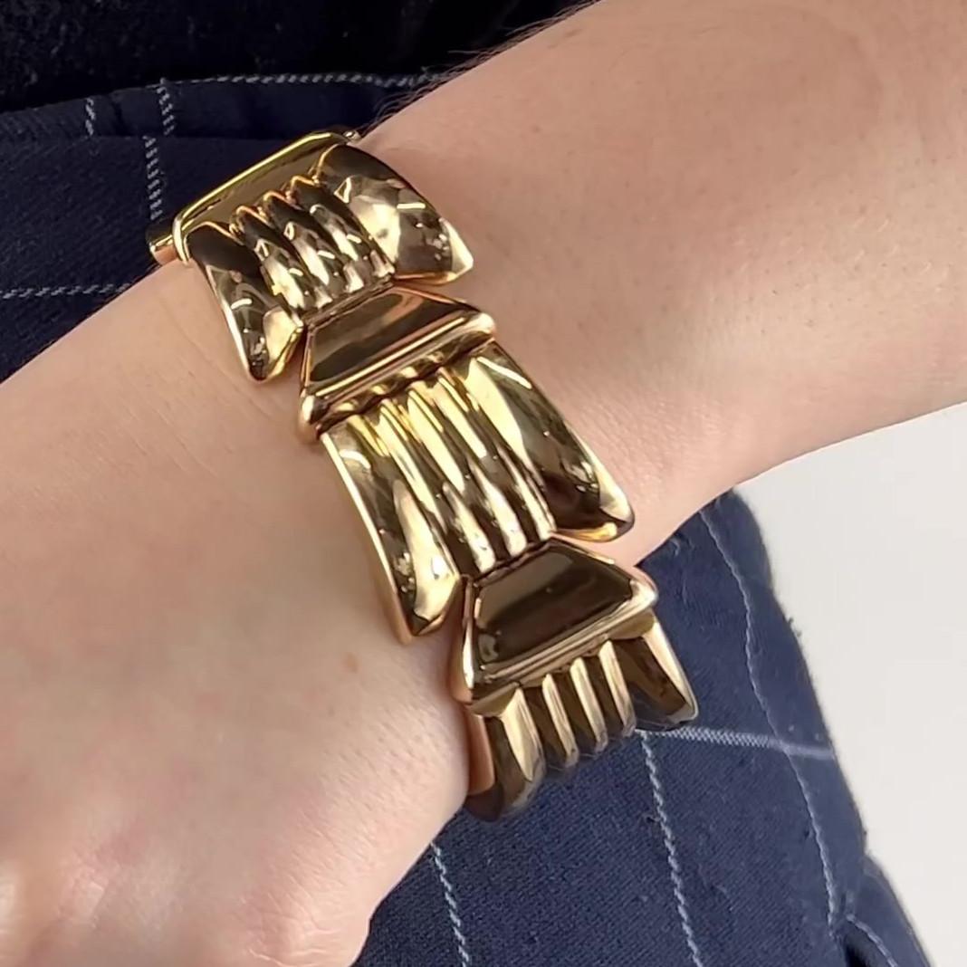 One Retro French 18 Karat Rose Gold Tank Bracelet. Crafted in 18 karat rose gold with French hallmarks. Circa 1940s. The bracelet measures 7 1/4 inches in length. 

About this Item: Looking for a chunky bracelet that will add sophistication to your