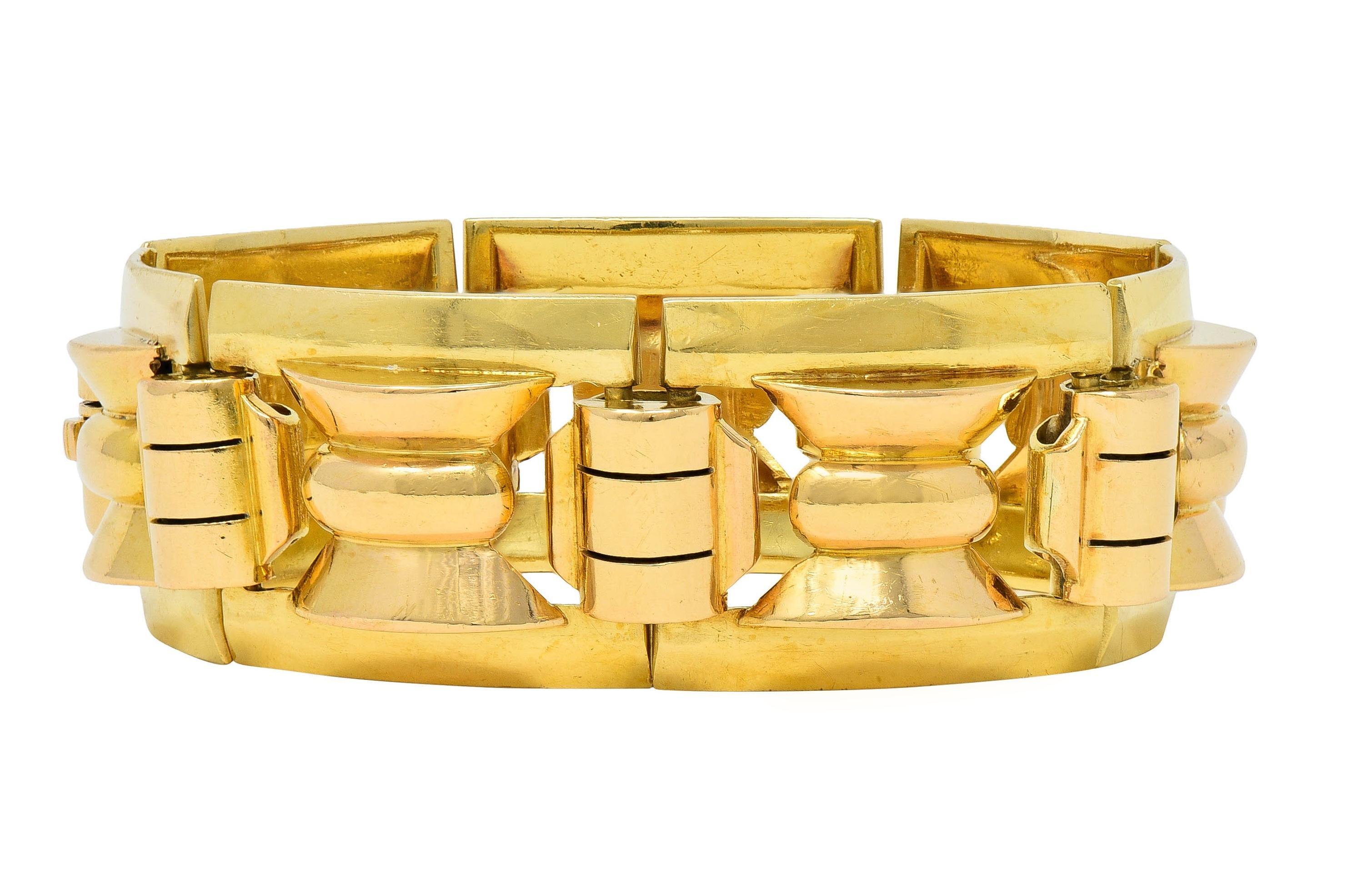 Retro French 18 Karat Two-Tone Gold Vintage Geometric Link Bracelet In Excellent Condition For Sale In Philadelphia, PA