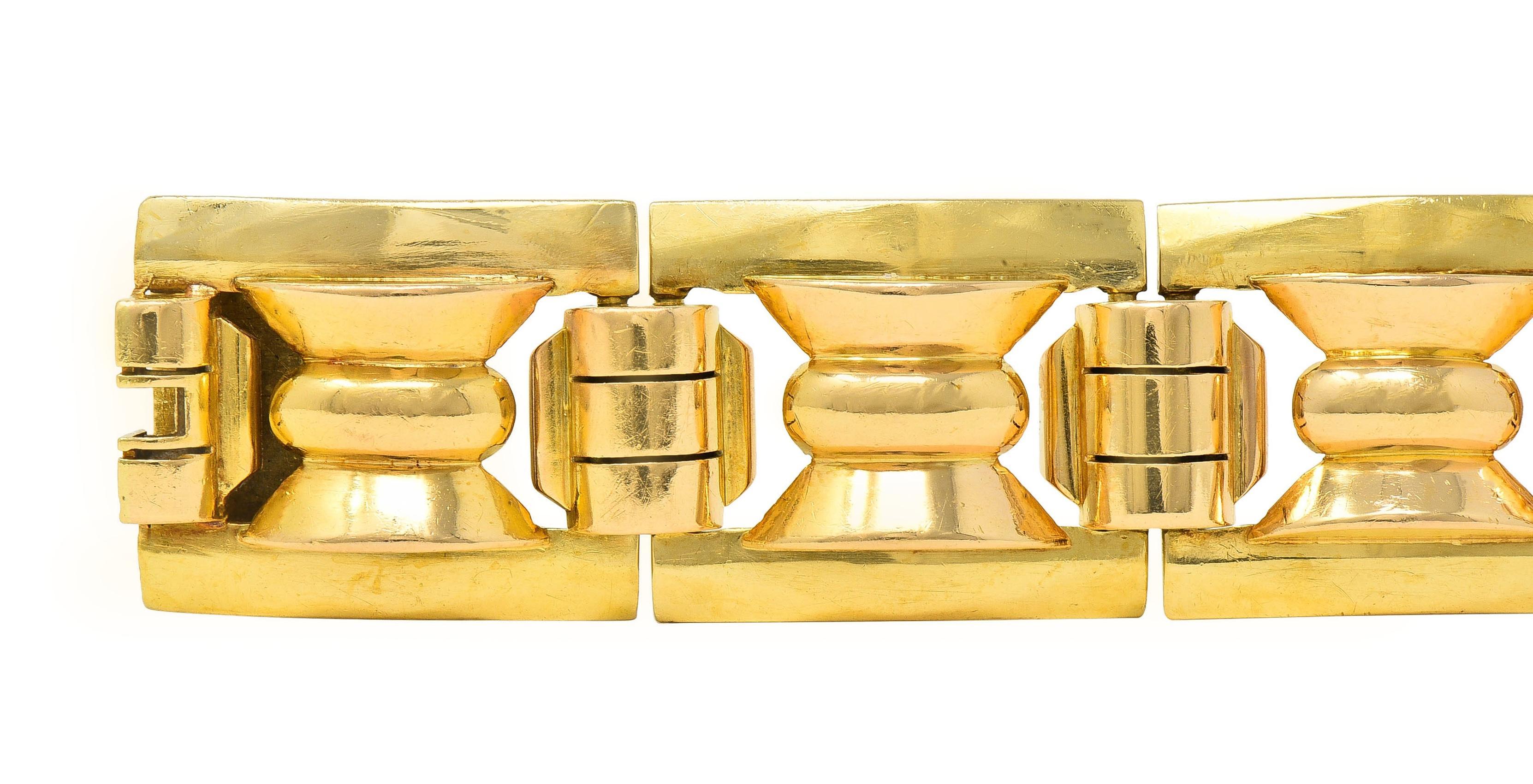 Women's or Men's Retro French 18 Karat Two-Tone Gold Vintage Geometric Link Bracelet For Sale