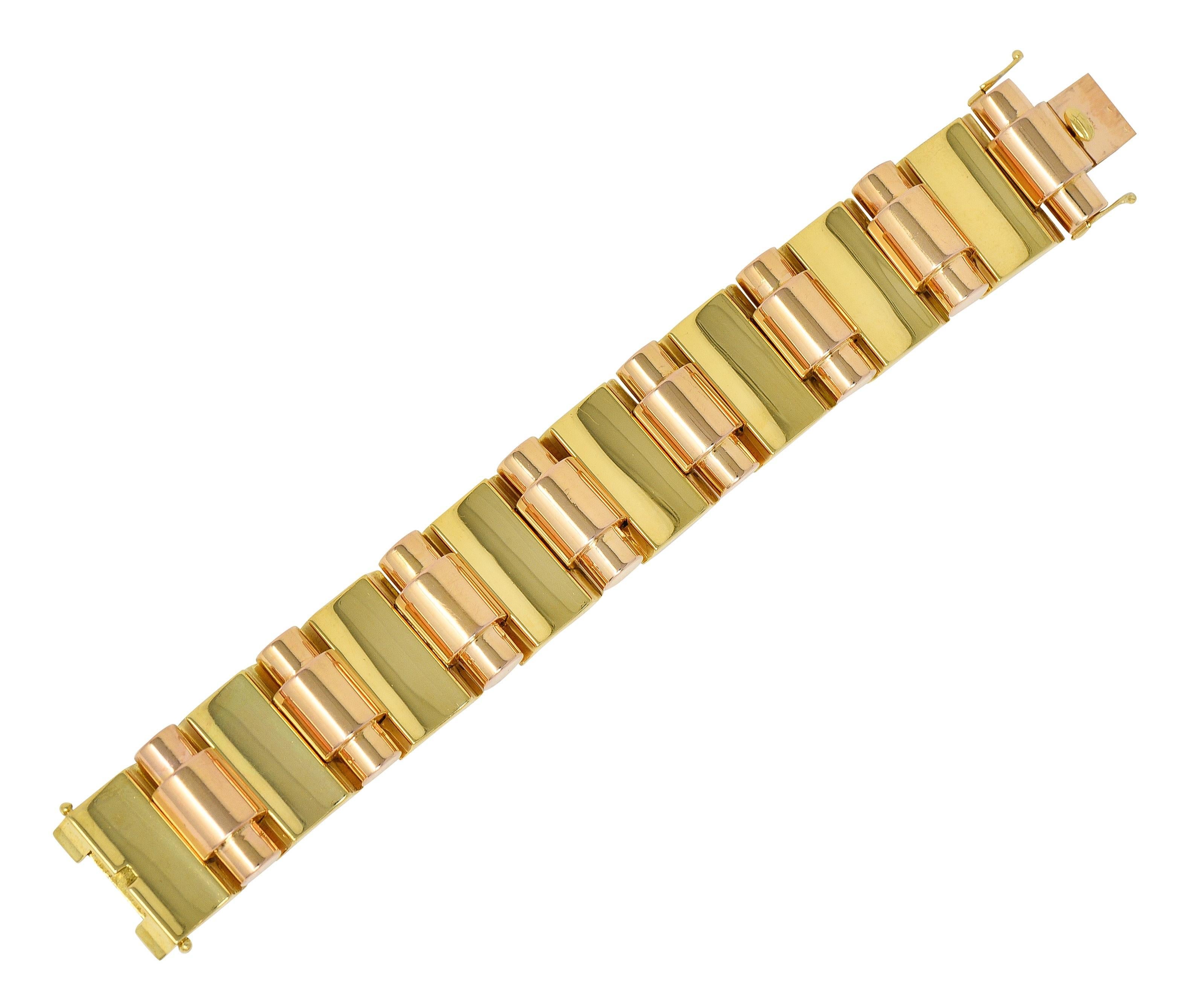 Retro French 18 Karat zweifarbiges Gelb-Roségold Vintage Panzerarmband im Zustand „Hervorragend“ im Angebot in Philadelphia, PA