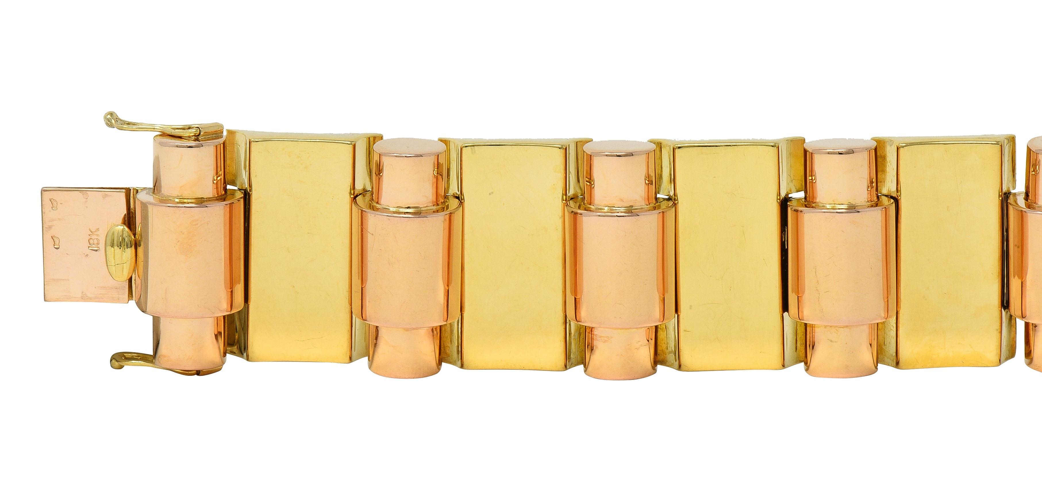 Retro French 18 Karat zweifarbiges Gelb-Roségold Vintage Panzerarmband Damen im Angebot