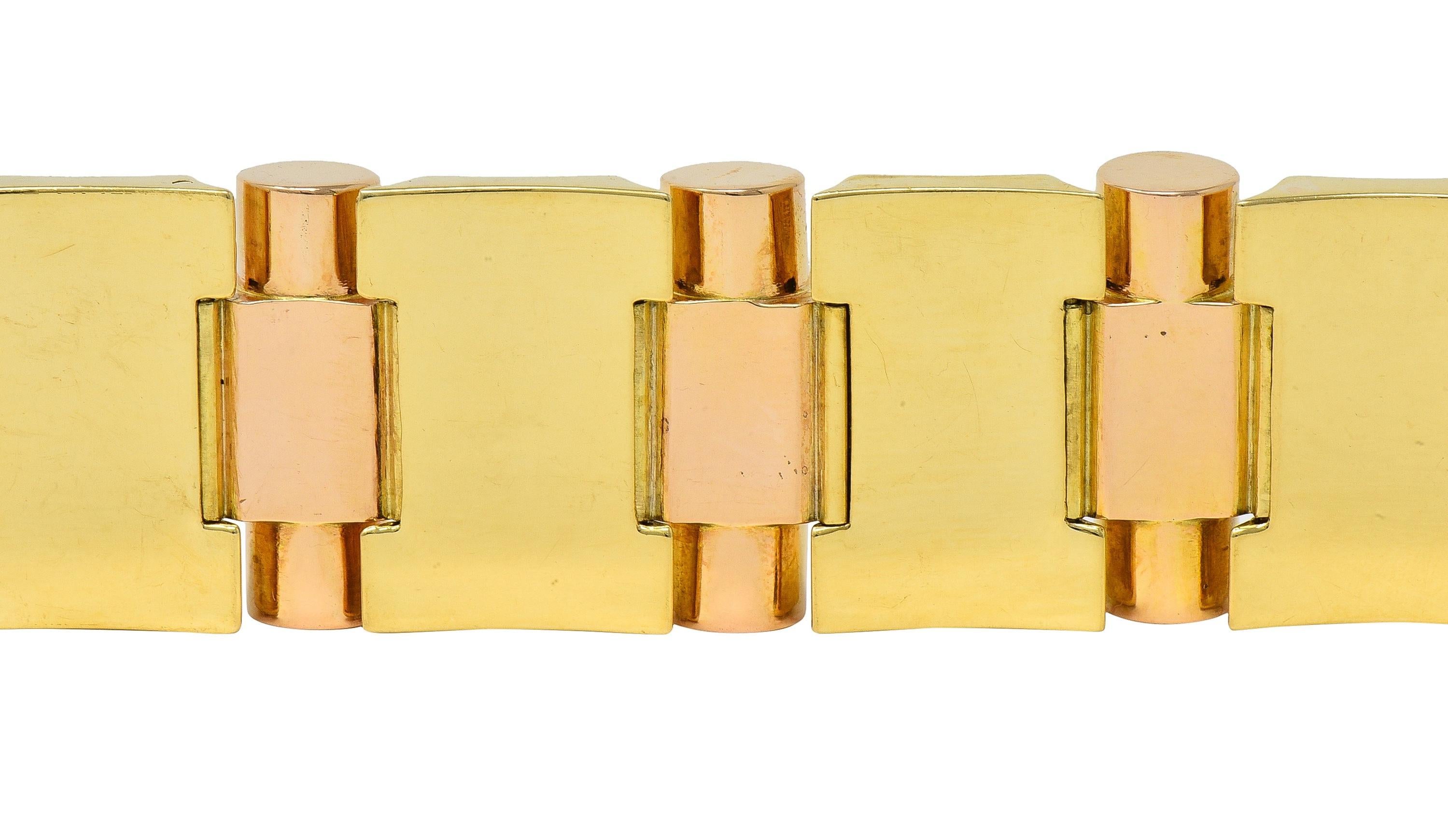 Retro French 18 Karat zweifarbiges Gelb-Roségold Vintage Panzerarmband im Angebot 3